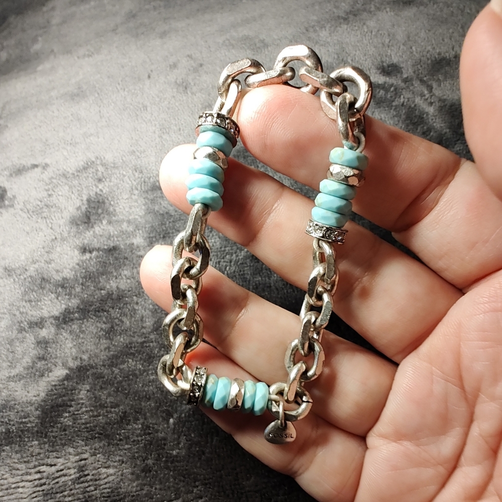 Vintage Womens Fossil Silver Toned Turquoise Beaded Crystal flexible Bracelet